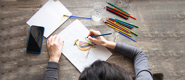 artista usando lápis de cor aquarelável em um desenho