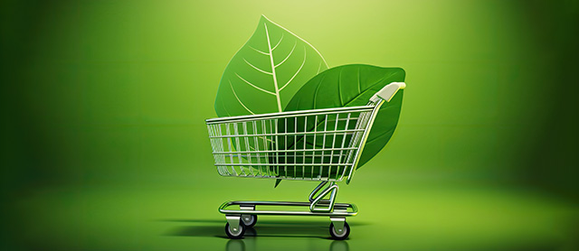 carrinho de compras com duas folhas dentro, representando o conceito de consumo sustentável