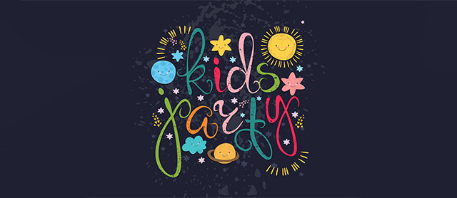 lettering do sistema solar com a frase "kids party" que significa festa de crianças em inglês