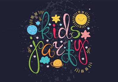 lettering do sistema solar com a frase "kids party" que significa festa de crianças em inglês